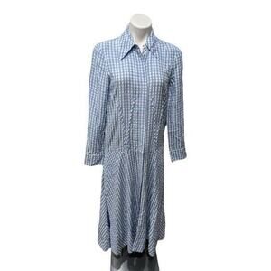 Tibi Size 10 Gingham Shirt Midi Dress Blue White Collared Button Up Tab Sleeves